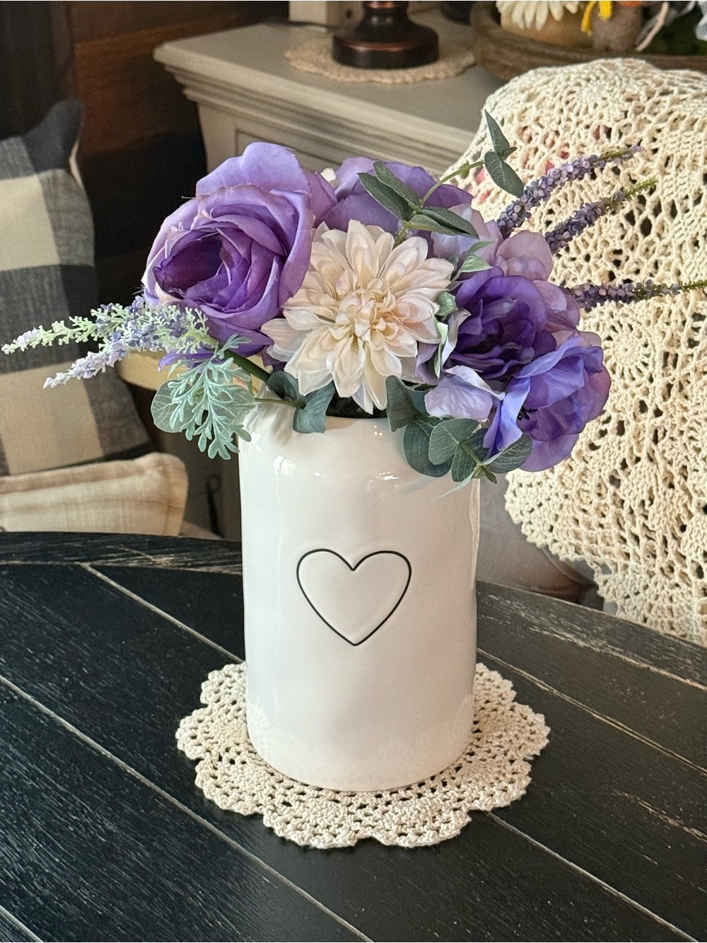 Rae Dunn Heart Vase with Purple Floral Arrangement